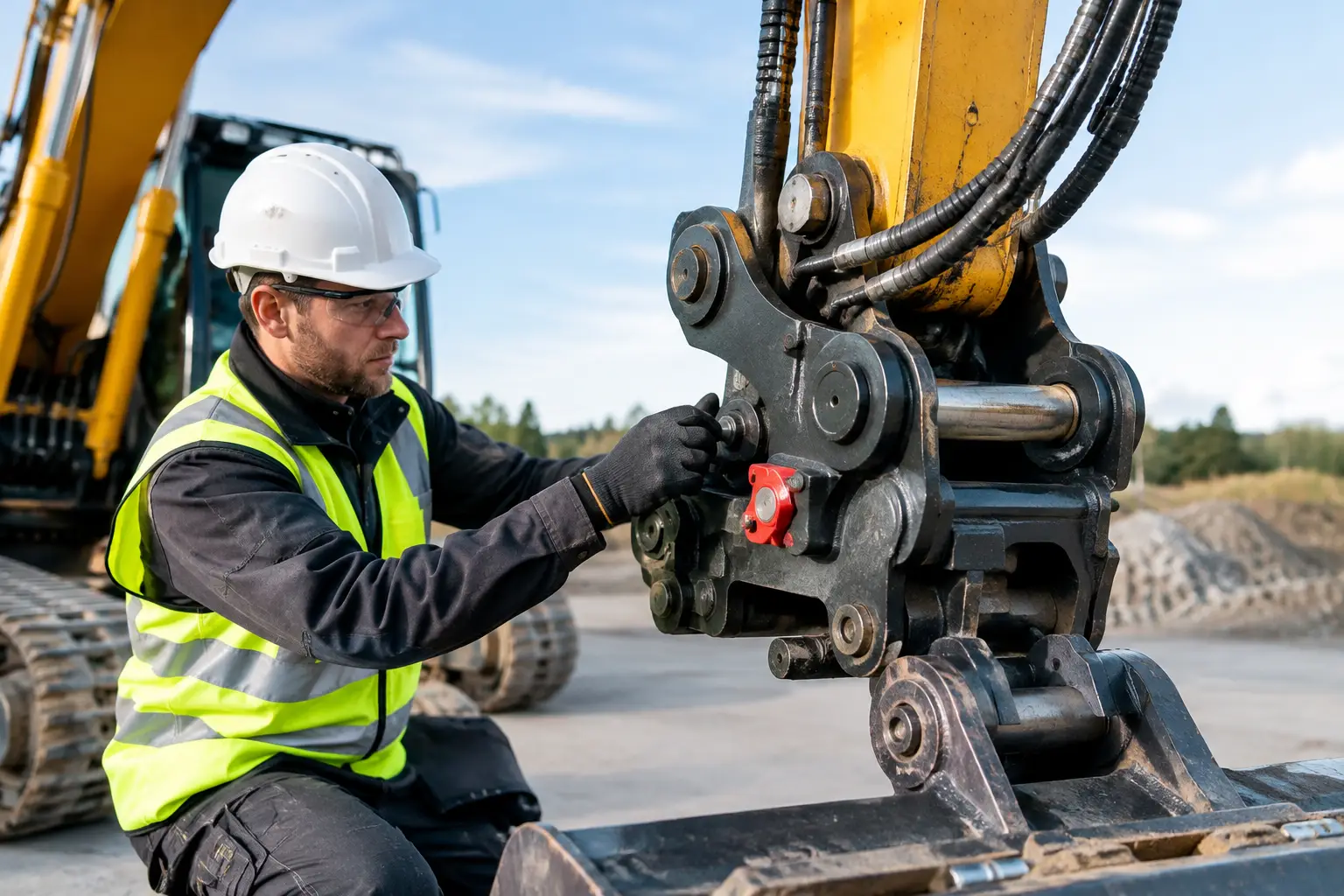 Hydraulische snelwissel test voor veilig werk